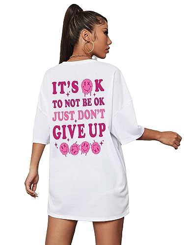 Cozyease Women's Graphic Tees Slogan Print Short Sleeve Round Neck Oversized T Shirt White and Pink XL