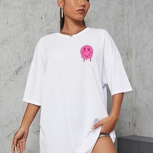 Cozyease Women's Graphic Tees Slogan Print Short Sleeve Round Neck Oversized T Shirt White and Pink XL