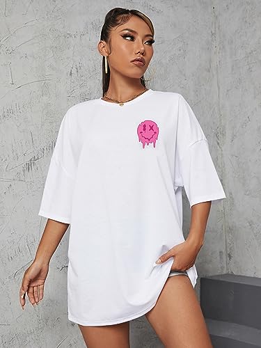 Cozyease Women's Graphic Tees Slogan Print Short Sleeve Round Neck Oversized T Shirt White and Pink XL