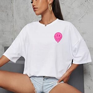 Cozyease Women's Graphic Tees Slogan Print Short Sleeve Round Neck Oversized T Shirt White and Pink XL