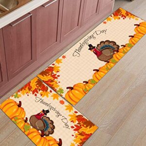 yokou thanksgiving kitchen rugs, day fall cartoon turkey pumpkin maple leaf orange non slip low profile runner rug mat for floor, kitchen, bedside, sink, office, laundry, set of 2