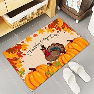 YOKOU Thanksgiving Kitchen Rugs, Day Fall Cartoon Turkey Pumpkin Maple Leaf Orange Non Slip Low Profile Runner Rug Mat for Floor, Kitchen, Bedside, Sink, Office, Laundry, Set of 2