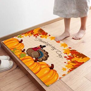 YOKOU Thanksgiving Kitchen Rugs, Day Fall Cartoon Turkey Pumpkin Maple Leaf Orange Non Slip Low Profile Runner Rug Mat for Floor, Kitchen, Bedside, Sink, Office, Laundry, Set of 2