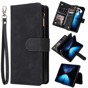 zzxx samsung galaxy z fold 4 case wallet with [rfid blocking] card slot soft pu leather zipper flip folio with wrist strap protective cover for galaxy z fold 4 wallet case(black-7.6 inch)