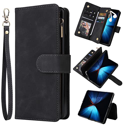 ZZXX Samsung Galaxy Z Fold 4 Case Wallet with [RFID Blocking] Card Slot Soft PU Leather Zipper Flip Folio with Wrist Strap Protective Cover for Galaxy Z Fold 4 Wallet Case(Black-7.6 inch)