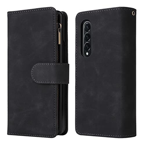 ZZXX Samsung Galaxy Z Fold 4 Case Wallet with [RFID Blocking] Card Slot Soft PU Leather Zipper Flip Folio with Wrist Strap Protective Cover for Galaxy Z Fold 4 Wallet Case(Black-7.6 inch)