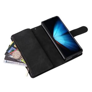 ZZXX Samsung Galaxy Z Fold 4 Case Wallet with [RFID Blocking] Card Slot Soft PU Leather Zipper Flip Folio with Wrist Strap Protective Cover for Galaxy Z Fold 4 Wallet Case(Black-7.6 inch)