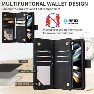 ZZXX Samsung Galaxy Z Fold 4 Case Wallet with [RFID Blocking] Card Slot Soft PU Leather Zipper Flip Folio with Wrist Strap Protective Cover for Galaxy Z Fold 4 Wallet Case(Black-7.6 inch)