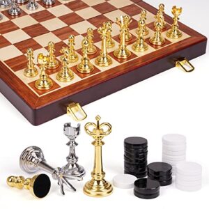 15" Metal Chess Set for Adults Kids Checkers Game Gold Silver Metal Chess Pieces & 24 Metal Cherkers Pieces Portable Folding Wooden Chess Board Travel Chess Sets Board (2 in 1)