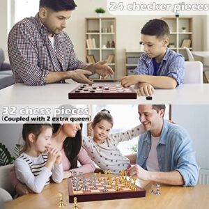 15" Metal Chess Set for Adults Kids Checkers Game Gold Silver Metal Chess Pieces & 24 Metal Cherkers Pieces Portable Folding Wooden Chess Board Travel Chess Sets Board (2 in 1)