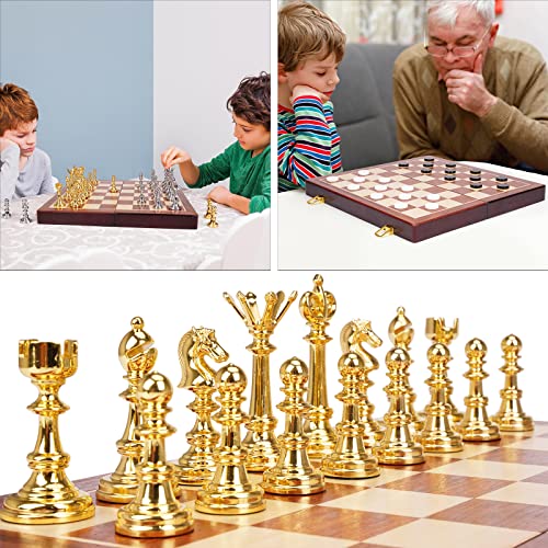 15" Metal Chess Set for Adults Kids Checkers Game Gold Silver Metal Chess Pieces & 24 Metal Cherkers Pieces Portable Folding Wooden Chess Board Travel Chess Sets Board (2 in 1)