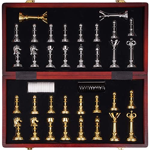 15" Metal Chess Set for Adults Kids Checkers Game Gold Silver Metal Chess Pieces & 24 Metal Cherkers Pieces Portable Folding Wooden Chess Board Travel Chess Sets Board (2 in 1)