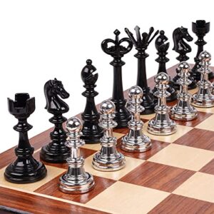 15" Metal Chess Sets for Adults Kids Checkers Game Set (2 in 1) with Black Silver Chess Pieces & Portable Folding Wooden Chess Board Travel Chess Sets Board Metal Staunton Chess Pieces, & Storage Box