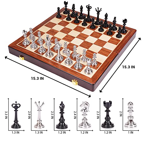 15" Metal Chess Sets for Adults Kids Checkers Game Set (2 in 1) with Black Silver Chess Pieces & Portable Folding Wooden Chess Board Travel Chess Sets Board Metal Staunton Chess Pieces, & Storage Box