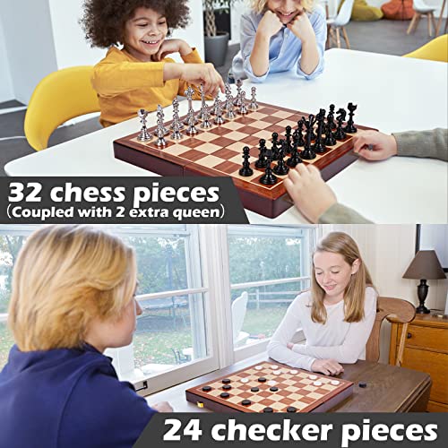 15" Metal Chess Sets for Adults Kids Checkers Game Set (2 in 1) with Black Silver Chess Pieces & Portable Folding Wooden Chess Board Travel Chess Sets Board Metal Staunton Chess Pieces, & Storage Box