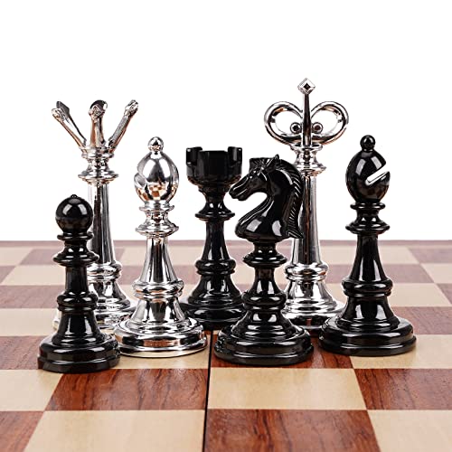 15" Metal Chess Sets for Adults Kids Checkers Game Set (2 in 1) with Black Silver Chess Pieces & Portable Folding Wooden Chess Board Travel Chess Sets Board Metal Staunton Chess Pieces, & Storage Box