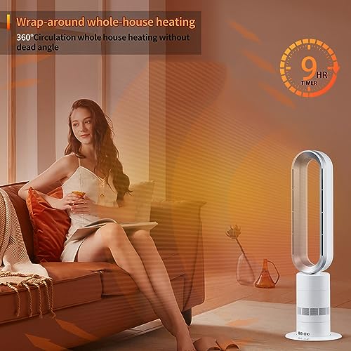 Heater and Fan Combo, Space Heater, Tower Bladeless Fan 2000W High Power With Thermostat, IPX4 Class Bathroom Waterproof/9H Timing/120 Degree Wide Angle Shaking Head, 360 Degree Convection Circulation