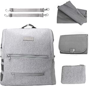 lightweight diaper bag backpack, water-resistant neoprene travel baby bag with changing pad, stroller straps, wet bag and pouch, gray
