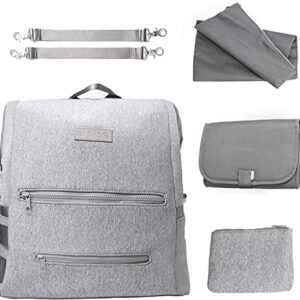 Lightweight Diaper Bag Backpack, Water-resistant Neoprene Travel Baby Bag With Changing Pad, Stroller Straps, Wet Bag and Pouch, Gray
