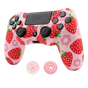 ralan pink controller skins for ps4, fruit silicone controller cover skin protector compatible /ps4 slim/ps4 pro controller with 2 cute thumb grips caps