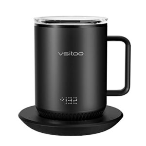 vsitoo s3 temperature control smart mug 2 with lid, self heating coffee mug 10 oz, led display, 90 min battery life - app&manual controlled heated coffee mug - improved design, coffee gifts, black