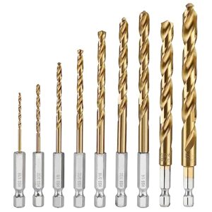 workpro 9-piece 1/4" hex shank drill bit set, titanium plating hss drill bits from 1/16" to 3/8" for metal, steel, wood, pvc, quick change design