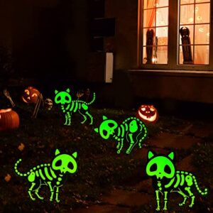 fanxbox 4 pack halloween black cat yard signs, black cat halloween decor glow in the dark skeleton black cat silhouette lawn signs with stakes for halloween lawn garden front yard decorations outside