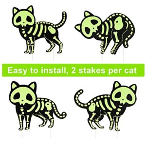 Fanxbox 4 Pack Halloween Black Cat Yard Signs, Black Cat Halloween Decor Glow in The Dark Skeleton Black Cat Silhouette Lawn Signs with Stakes for Halloween Lawn Garden Front Yard Decorations Outside