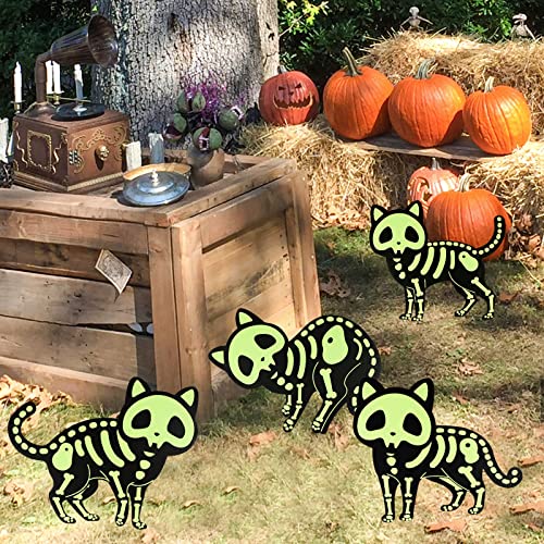 Fanxbox 4 Pack Halloween Black Cat Yard Signs, Black Cat Halloween Decor Glow in The Dark Skeleton Black Cat Silhouette Lawn Signs with Stakes for Halloween Lawn Garden Front Yard Decorations Outside