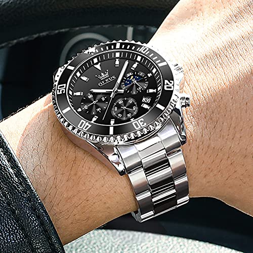 OLEVS Watch Men Silver Stainless Steel Watches for Men Luxury Chronograph Male Watch Black Dial Men's Wristwatch reloj para Hombre