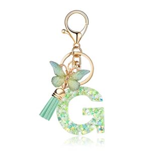 okaicen fashion alphabet initial letter keychain green tassel butterfly pendant key ring for purse handbags women girl('g')