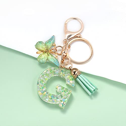 OKAICEN Fashion Alphabet Initial Letter Keychain Green Tassel Butterfly Pendant Key Ring for Purse Handbags Women Girl('G')