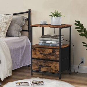 DOMYDEVM Nightstand with Charging Station, End Side Table with USB Ports and Outlets, Industrial Bedside Table with 2 Fabric Storage Drawers for Bedroom Living Room Dorm, Brown