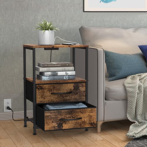 DOMYDEVM Nightstand with Charging Station, End Side Table with USB Ports and Outlets, Industrial Bedside Table with 2 Fabric Storage Drawers for Bedroom Living Room Dorm, Brown