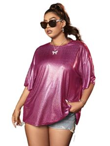 verdusa women's plus size metallic t shirt drop shoulder oversized tee top hot pink 1xl