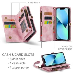 Zttopo for iPhone 13 Wallt Case, 2 in 1 iPhone 13 Case Wallet with Premium Leather Zipper Lanyard Card Holder, Durable Wristlet Flip Case Money Pocket Cover 6.1 inch