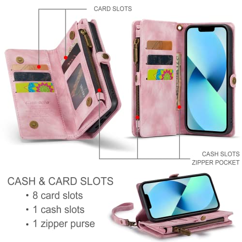 Zttopo for iPhone 13 Wallt Case, 2 in 1 iPhone 13 Case Wallet with Premium Leather Zipper Lanyard Card Holder, Durable Wristlet Flip Case Money Pocket Cover 6.1 inch