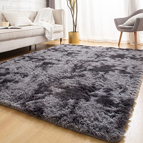 YOBATH Large Area Rugs 8x10 Feet for Living Room, Big Fluffy Shag Rug for Bedroom, Soft Fuzzy Shaggy Carpet Rugs for Kids Girls Boys Playroom Nursery Dorm Room Decor, Tie-Dyed Dark Grey