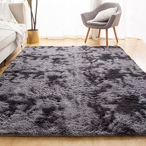 YOBATH Large Area Rugs 8x10 Feet for Living Room, Big Fluffy Shag Rug for Bedroom, Soft Fuzzy Shaggy Carpet Rugs for Kids Girls Boys Playroom Nursery Dorm Room Decor, Tie-Dyed Dark Grey