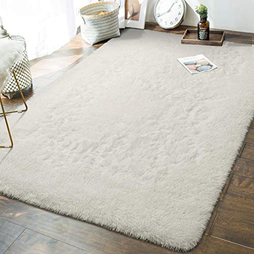 Andecor Soft Fluffy Bedroom Rugs, 8 x 10 Feet Indoor Shaggy Plush Area Rug for Boys Girls Kids Baby College Dorm Living Room Home Decor Floor Carpet, Cream White