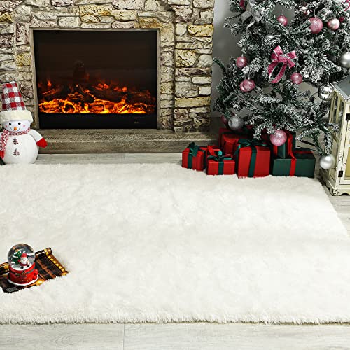 Andecor Soft Fluffy Bedroom Rugs, 8 x 10 Feet Indoor Shaggy Plush Area Rug for Boys Girls Kids Baby College Dorm Living Room Home Decor Floor Carpet, Cream White