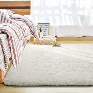 Andecor Soft Fluffy Bedroom Rugs, 8 x 10 Feet Indoor Shaggy Plush Area Rug for Boys Girls Kids Baby College Dorm Living Room Home Decor Floor Carpet, Cream White