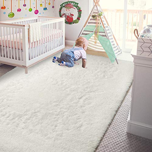 Andecor Soft Fluffy Bedroom Rugs, 8 x 10 Feet Indoor Shaggy Plush Area Rug for Boys Girls Kids Baby College Dorm Living Room Home Decor Floor Carpet, Cream White