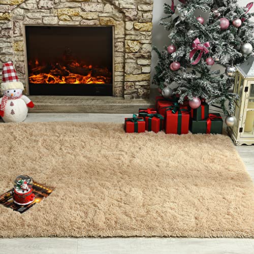 Andecor Soft Fluffy Bedroom Rugs, 8 x 10 Feet Indoor Shaggy Plush Area Rug for Boys Girls Kids Baby College Dorm Living Room Home Decor Floor Carpet, Camel