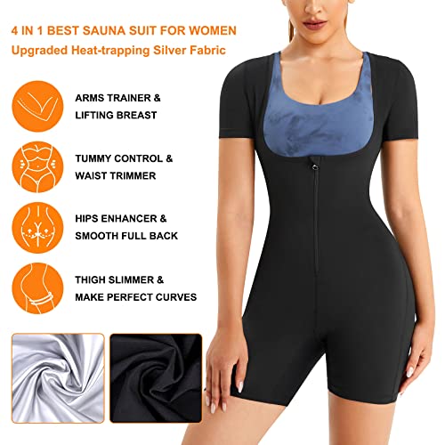 URSEXYLY Sauna Suit for Women Sweat Vest Waist Trainer 3 in 1 Slimming Full Body Shaper Workout Top with Sleeve Shorts (Large, Black)