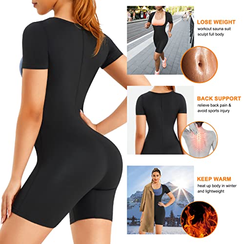 URSEXYLY Sauna Suit for Women Sweat Vest Waist Trainer 3 in 1 Slimming Full Body Shaper Workout Top with Sleeve Shorts (Large, Black)