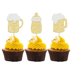 gyufise 24pcs beer mug baby bottle cupcake toppers gold glitter baby bottle cupcake picks cheers celebrating baby shower birthday party cake decorations