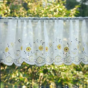 yurlisa embroidery pastoral style cafe curtain kitchen curtain floral window valance,18x60 inch, white 丨yellow leaves