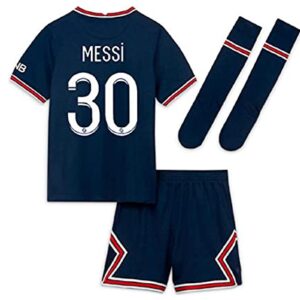 Paris Messi Blue Home 22/23 Soccer Kids Jersey + Shorts + Socks Set Kit Size Large (10-11 Years Old) for Youth