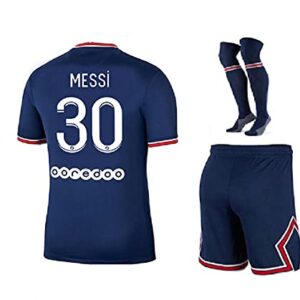 Paris Messi Blue Home 22/23 Soccer Kids Jersey + Shorts + Socks Set Kit Size Large (10-11 Years Old) for Youth